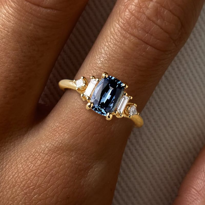 Vintage Golden Cushion Cut Blue Sapphire Engagement Ring For Women Belovegrace