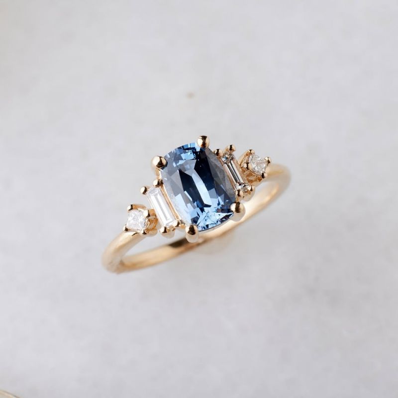 Vintage Golden Cushion Cut Blue Sapphire Engagement Ring For Women Belovegrace