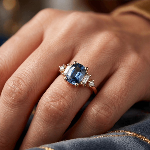 Vintage Three-Stone Cushion Cut London Blue Topaz Engagement Ring