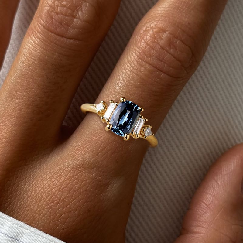 Vintage Golden Cushion Cut Blue Sapphire Engagement Ring For Women Belovegrace