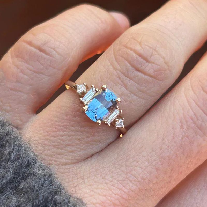 Vintage Golden Cushion Cut Blue Sapphire Engagement Ring For Women Belovegrace