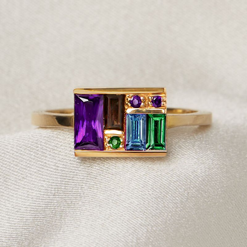 Golden Baguette Cut Purple & Topaz & Emerald & Brown Sapphire Cocktail Ring For Women Belovegrace