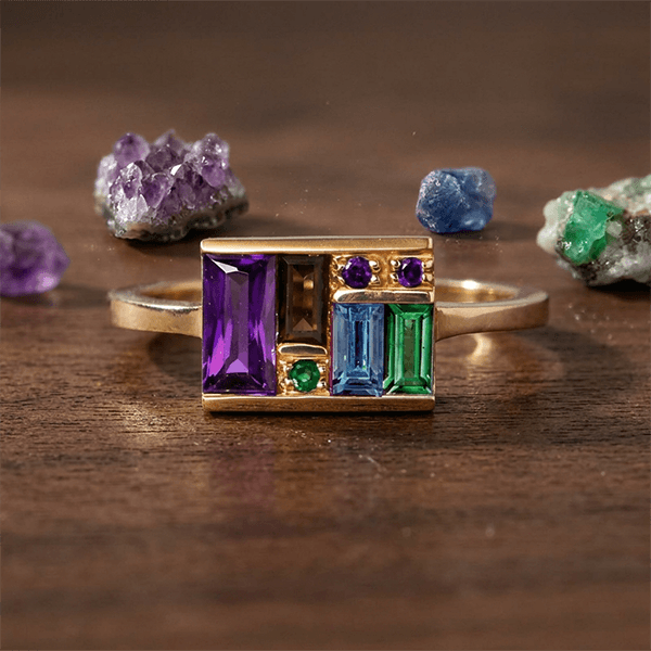 Art Deco Geometric Baguette Cut Purple & Blue & Emerald & Brown Sapphire Engagement Ring