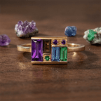 Art Deco Geometric Baguette Cut Purple & Blue & Emerald & Brown Sapphire Engagement Ring