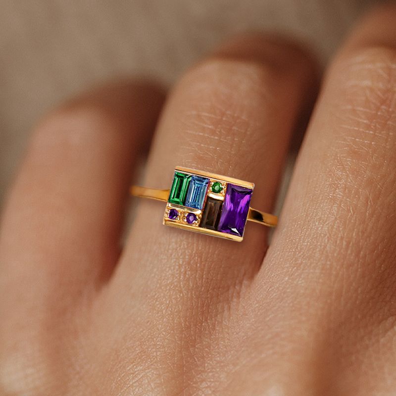 Golden Baguette Cut Purple & Topaz & Emerald & Brown Sapphire Cocktail Ring For Women Belovegrace