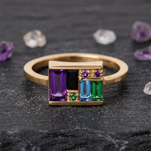 Art Deco Geometric Baguette Cut Purple & Blue & Emerald & Brown Sapphire Engagement Ring