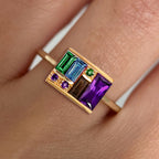 Golden Baguette Cut Purple & Topaz & Emerald & Brown Sapphire Cocktail Ring For Women Belovegrace