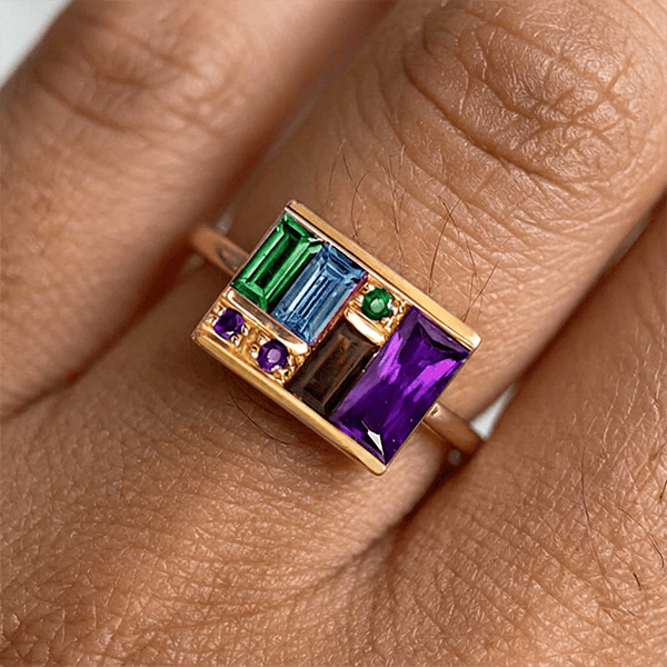 Art Deco Geometric Baguette Cut Purple & Blue & Emerald & Brown Sapphire Engagement Ring