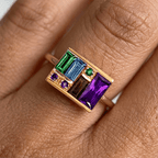 Art Deco Geometric Baguette Cut Purple & Blue & Emerald & Brown Sapphire Engagement Ring