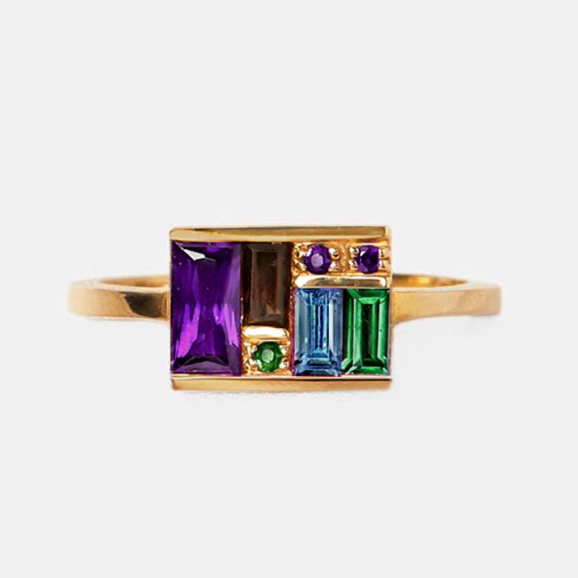 Golden Baguette Cut Purple & Topaz & Emerald & Brown Sapphire Cocktail Ring For Women Belovegrace