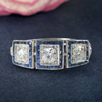 Halo Round & Baguette Cut White & Blue Sapphire Art Deco Engagement Ring For Women Belovegrace