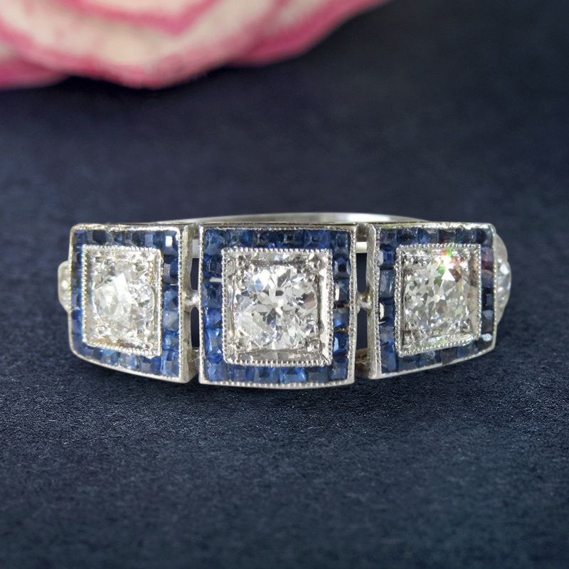 Halo Round & Baguette Cut White & Blue Sapphire Art Deco Engagement Ring For Women Belovegrace