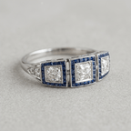 Art Deco Three-Stone Round & Baguette Cut Blue Sapphire Wedding Engagement Ring
