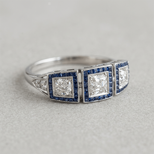 Art Deco Three-Stone Round & Baguette Cut Blue Sapphire Wedding Engagement Ring