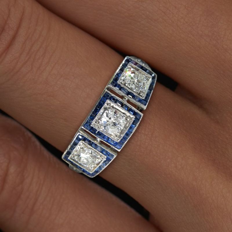 Halo Round & Baguette Cut White & Blue Sapphire Art Deco Engagement Ring For Women Belovegrace