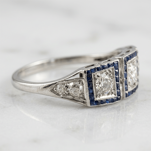 Art Deco Three-Stone Round & Baguette Cut Blue Sapphire Wedding Engagement Ring