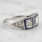 Art Deco Three-Stone Round & Baguette Cut Blue Sapphire Wedding Engagement Ring