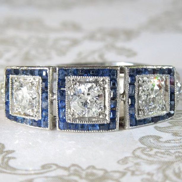Halo Round & Baguette Cut White & Blue Sapphire Art Deco Engagement Ring For Women Belovegrace