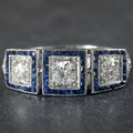 Art Deco Three-Stone Round & Baguette Cut Blue Sapphire Wedding Engagement Ring