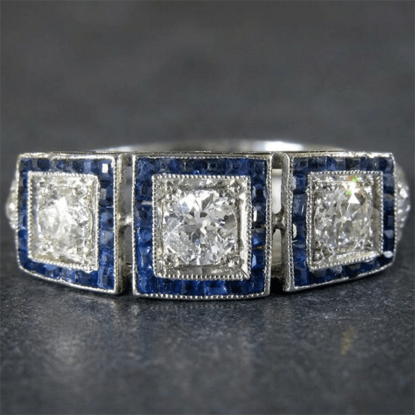 Art Deco Three-Stone Round & Baguette Cut Blue Sapphire Wedding Engagement Ring
