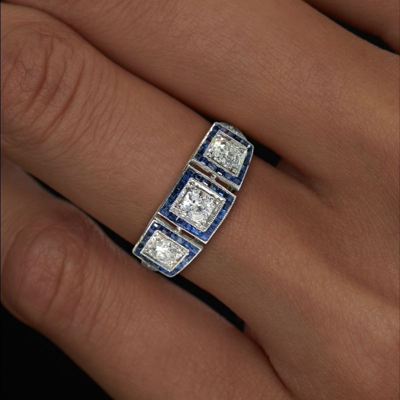 Halo Round & Baguette Cut White & Blue Sapphire Art Deco Engagement Ring For Women Belovegrace