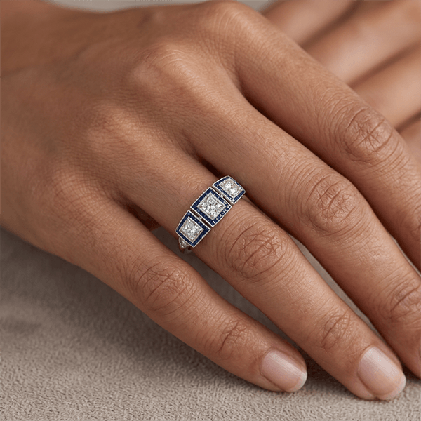 Art Deco Three-Stone Round & Baguette Cut Blue Sapphire Wedding Engagement Ring