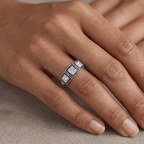 Art Deco Three-Stone Round & Baguette Cut Blue Sapphire Wedding Engagement Ring