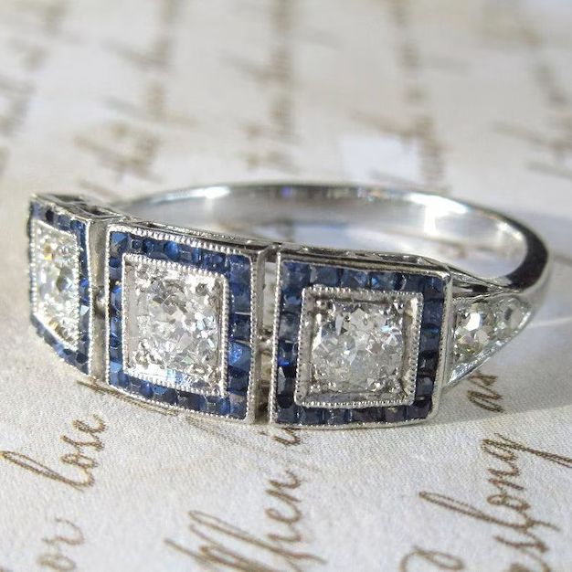 Halo Round & Baguette Cut White & Blue Sapphire Art Deco Engagement Ring For Women Belovegrace