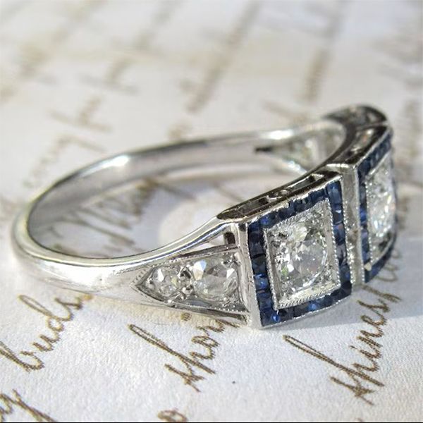 Halo Round & Baguette Cut White & Blue Sapphire Art Deco Engagement Ring For Women Belovegrace