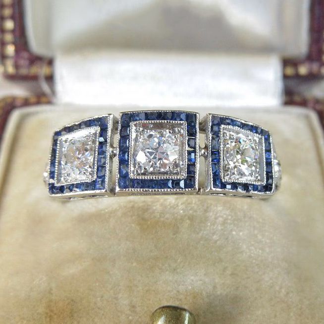 Halo Round & Baguette Cut White & Blue Sapphire Art Deco Engagement Ring For Women Belovegrace