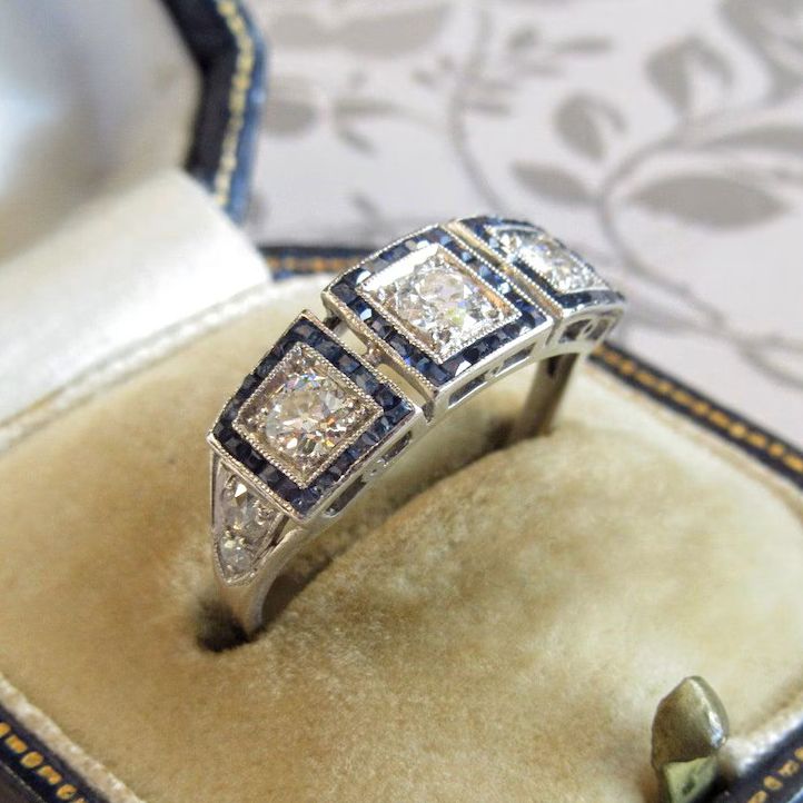 Halo Round & Baguette Cut White & Blue Sapphire Art Deco Engagement Ring For Women Belovegrace