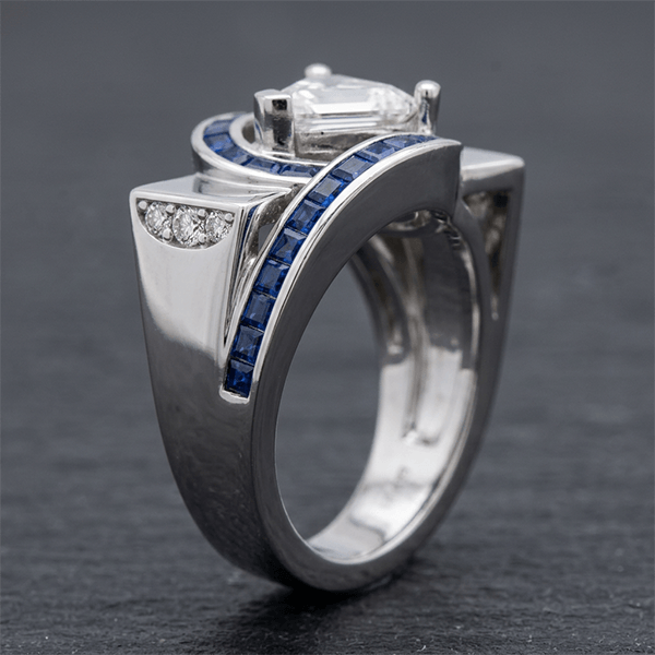 Unique Design Halo Pear & Baguette Cut White & Blue Sapphire Engagement Ring