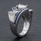 Unique Design Halo Pear & Baguette Cut White & Blue Sapphire Engagement Ring