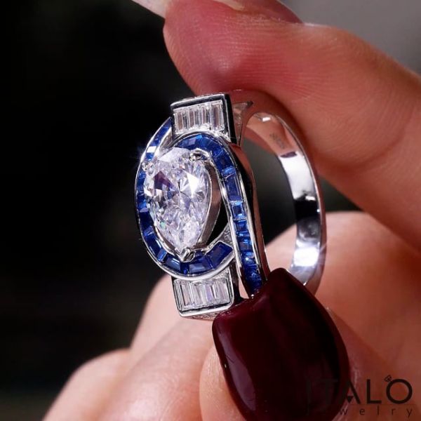 Art Deco Pear Shaped Blue Sapphire Engagement Ring For Women Belovegrace