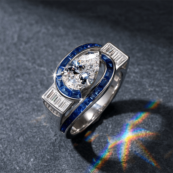 Unique Design Halo Pear & Baguette Cut White & Blue Sapphire Engagement Ring