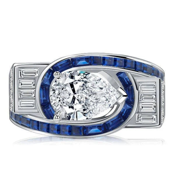 Art Deco Pear Shaped Blue Sapphire Engagement Ring For Women Belovegrace