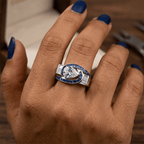 Unique Design Halo Pear & Baguette Cut White & Blue Sapphire Engagement Ring