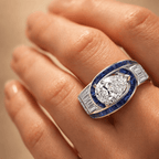 Unique Design Halo Pear & Baguette Cut White & Blue Sapphire Engagement Ring