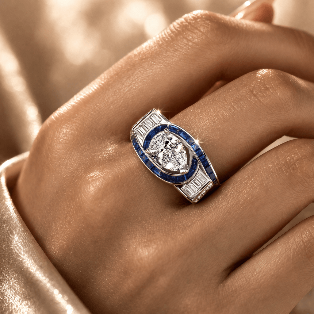 Unique Design Halo Pear & Baguette Cut White & Blue Sapphire Engagement Ring