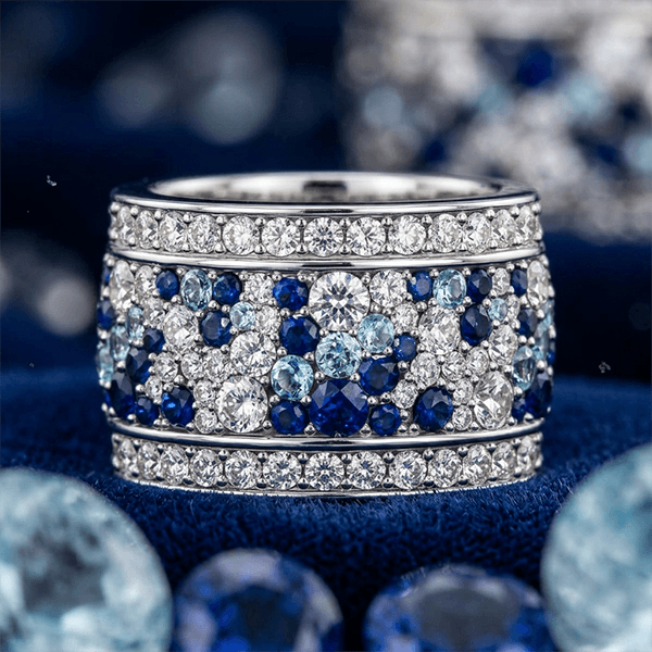 Wide Blue & White Sapphire Round Cut Eternity Wedding Band For Women