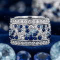 Wide Blue & White Sapphire Round Cut Eternity Wedding Band For Women
