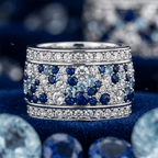 Wide Blue & White Sapphire Round Cut Eternity Wedding Band For Women