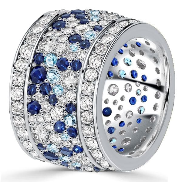 Eternity Multi Row Round Cut Blue & White Sapphire Wedding Band For Women Belovegrace