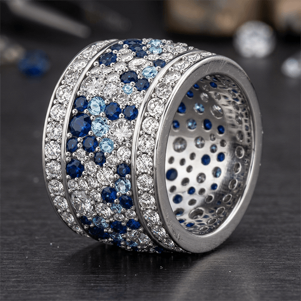 Wide Blue & White Sapphire Round Cut Eternity Wedding Band For Women