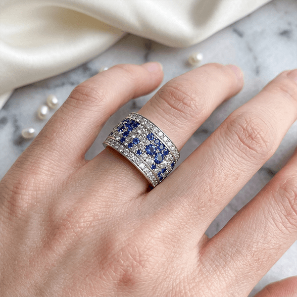Wide Blue & White Sapphire Round Cut Eternity Wedding Band For Women