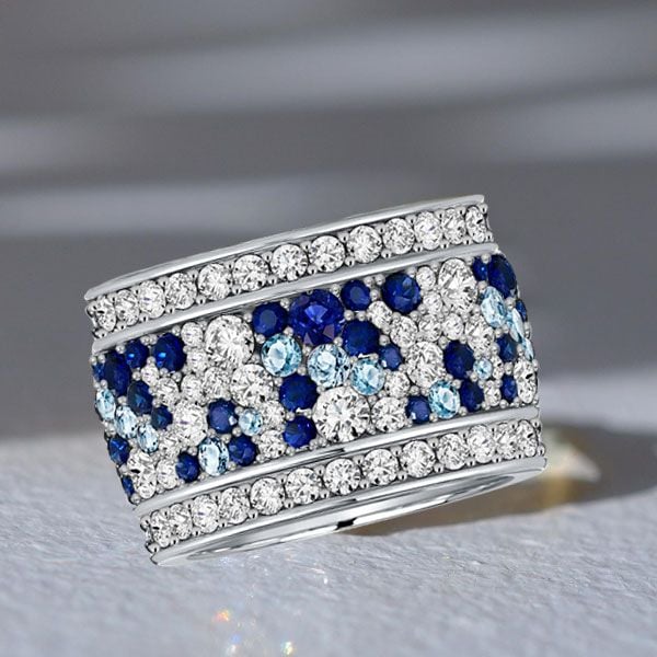 Eternity Multi Row Round Cut Blue & White Sapphire Wedding Band For Women Belovegrace