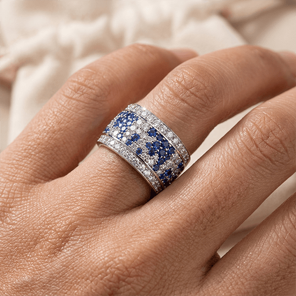 Wide Blue & White Sapphire Round Cut Eternity Wedding Band For Women