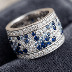 Wide Blue & White Sapphire Round Cut Eternity Wedding Band For Women