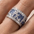 Wide Blue & White Sapphire Round Cut Eternity Wedding Band For Women