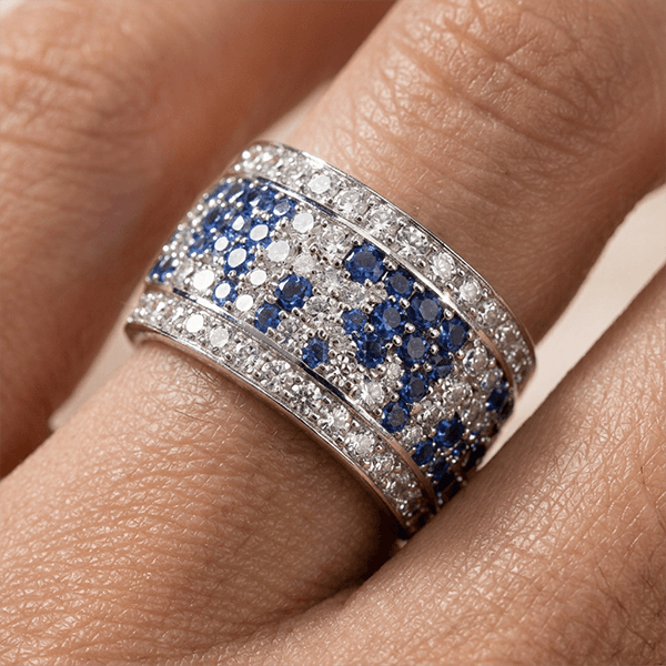 Wide Blue & White Sapphire Round Cut Eternity Wedding Band For Women